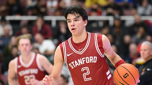 Feb 10, 2024; Stanford, California, USA; Stanford Cardinal guard Andrej Stojakovic (2) dribbles the ball against the USC Trojans during the second half at Maples Pavilion. Mandatory Credit: Robert Edwards-USA TODAY Sports